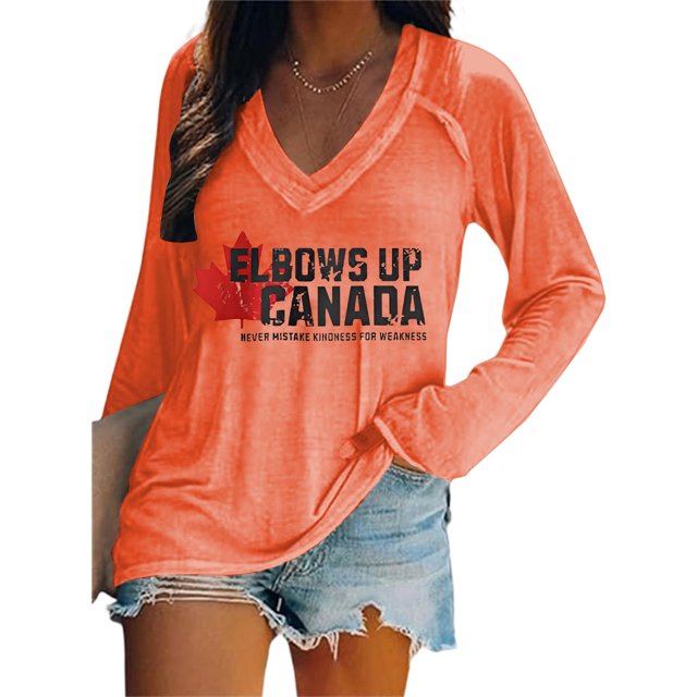 MHFRRA Camiseta de Manga Larga con Cuello En V y Estampado de La Bandera de Canadá para Mujer Naranja