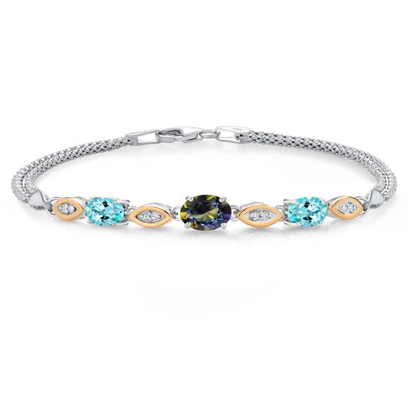 925 Silver and 10K Yellow Gold Blue Mystic Topaz and Blue Apatite and White Lab Grown Diamond Bracelet for Women (2.05 Cttw, Gemstone November Birthstone, Oval, Wheat Chain, 7.5 inches)
