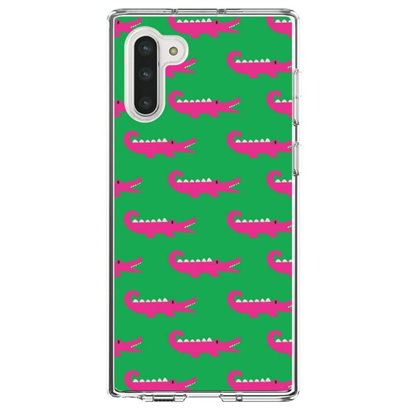 DistinctInk Clear Shockproof Hybrid Case for Samsung Galaxy Note 10 (6.3" Screen) - TPU Bumper, Acrylic Back, Tempered Glass Screen Protector - Green Pink Alligators - Cartoon Alligators