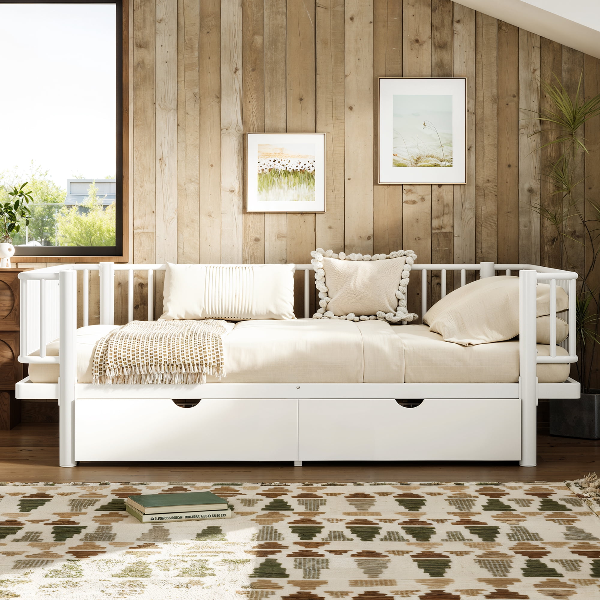 Miniyam Full Metal Daybed Frame with Storage Drawers, Low Profile Platform Bed with Guardrails, White