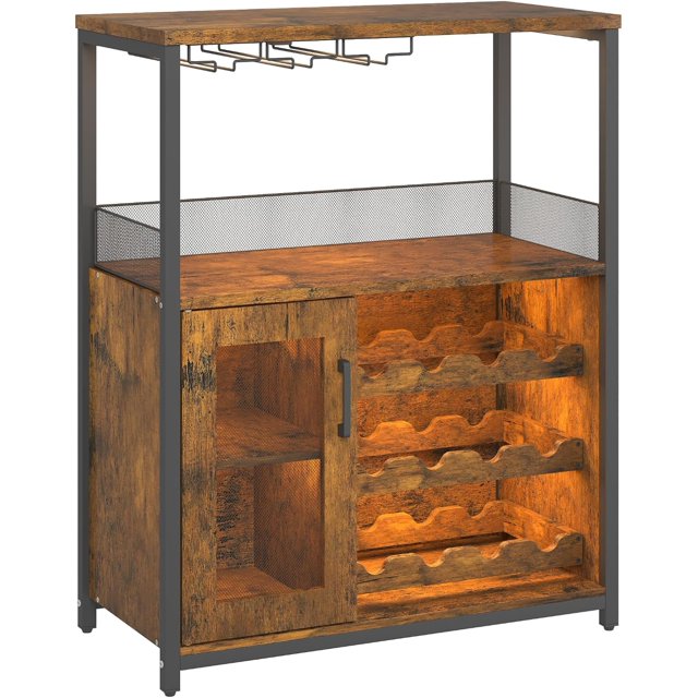 3-Tier Wine Bar Cabinet with LED Lights,Coffee Bar Cabinet with Adjustable Shelves,Mesh Door & Baffle,Small Liquor Cabinets with Wine Rack and Glass Holder for Home Kitchen,Rustic Brown