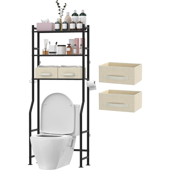 3-Tier Over The Toilet Storage, Space Saver Metal Bathroom Shelves, Freestanding Above Over Toilet Storage Shelf with 4 Hooks for Bathroom, Black
