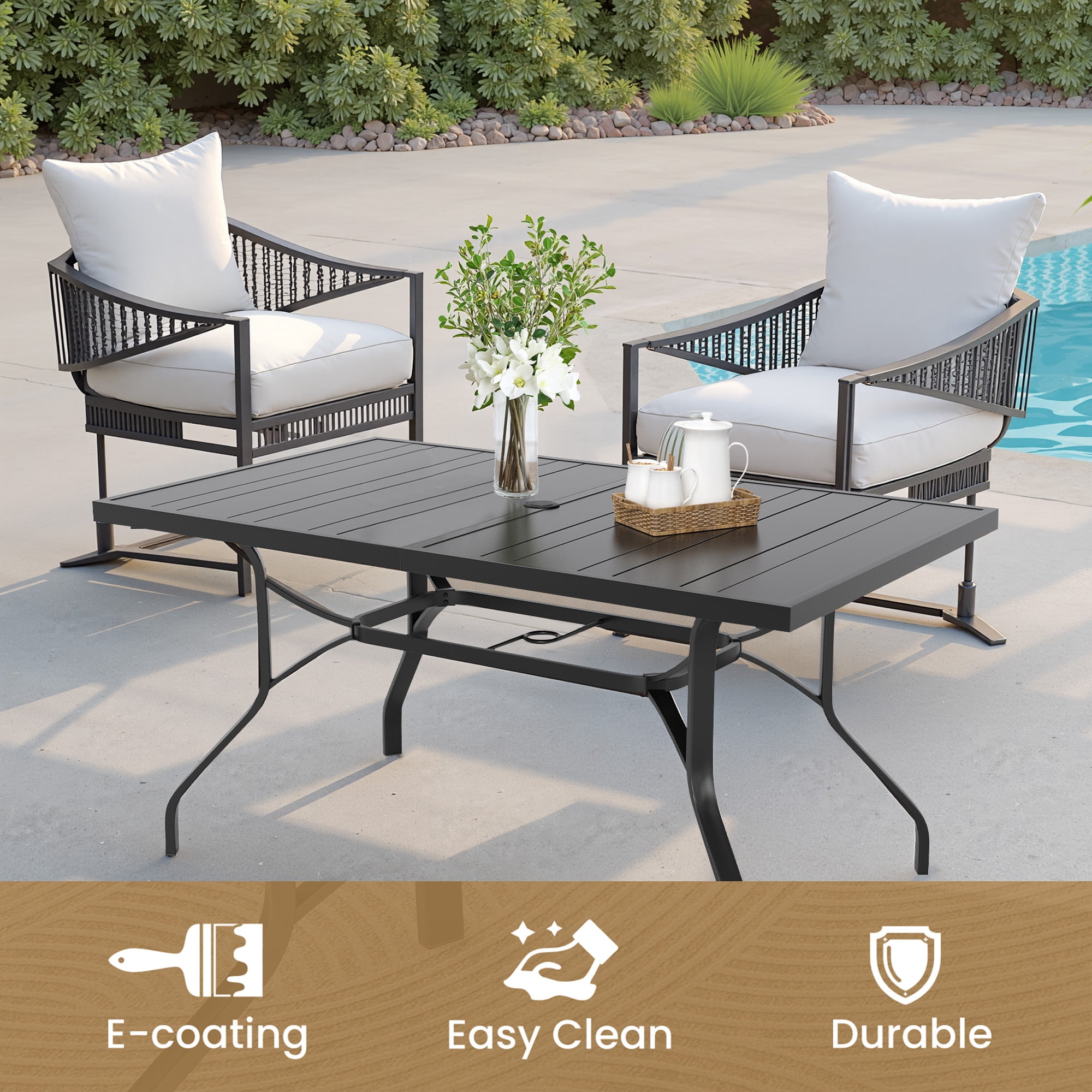 MAYEERTY 60*35"Outdoor Dining Table with 1.57" Umbrella Hole, Weather-Resistant Metal,for Patio,Backyard,Poolside