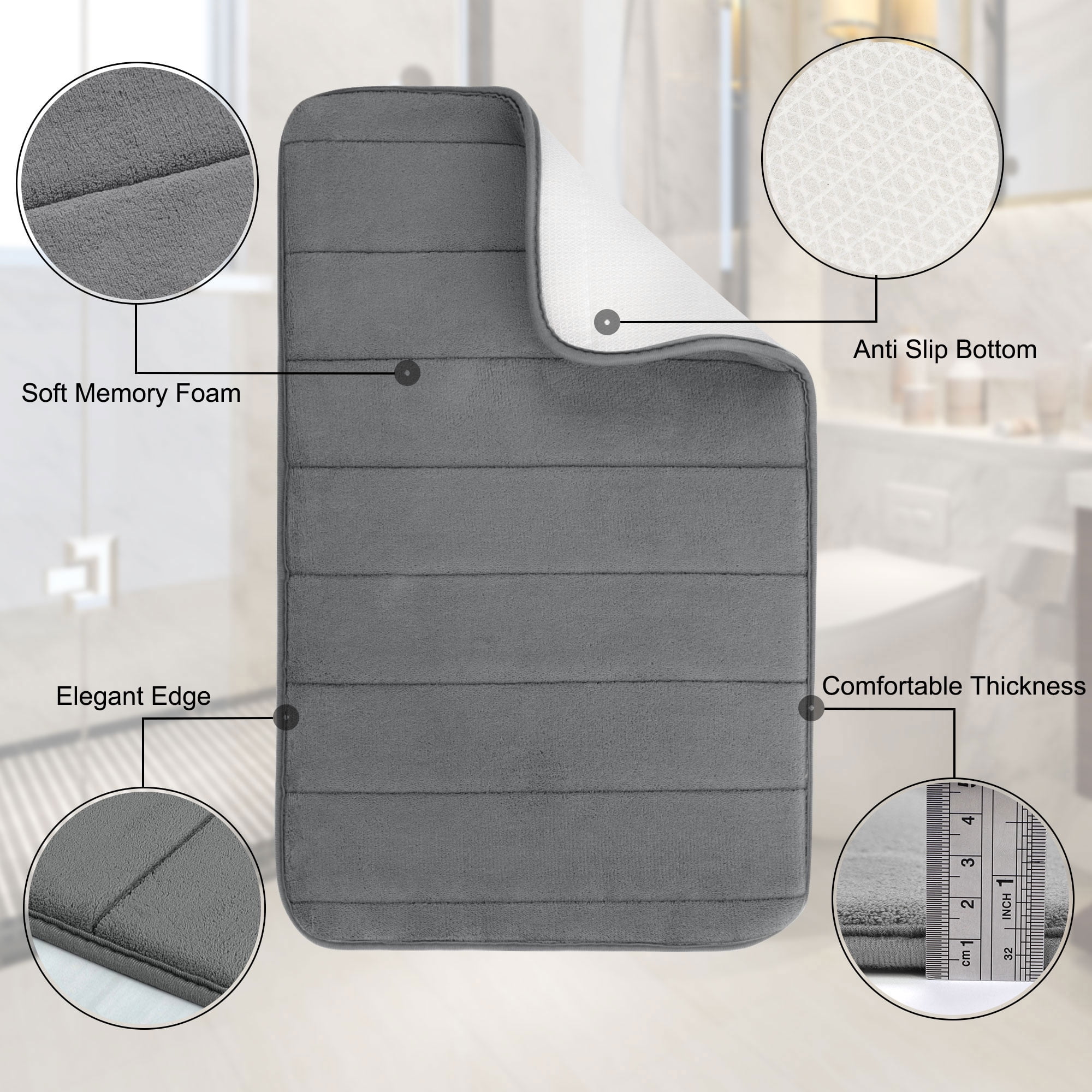 REGALWOVEN 2Pcs Memory Foam Bath Mat Non Skid Velvet Absorb Water Bath Rug for Bathroom Kitchen Soft Carpet Gray