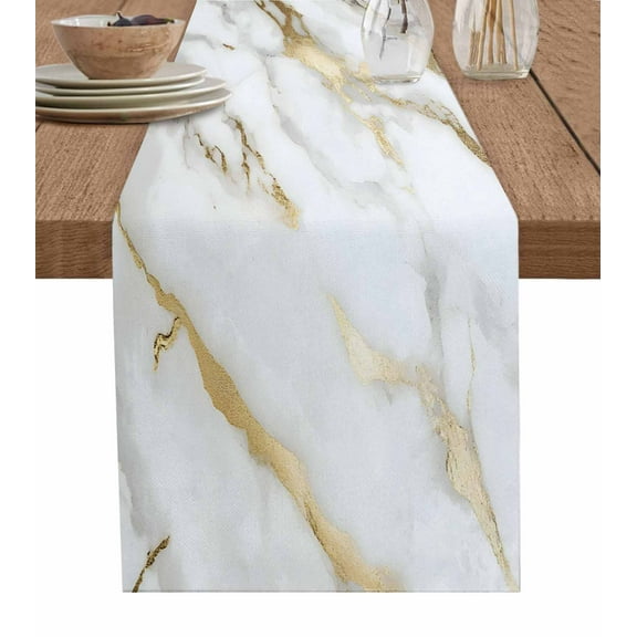 Modern White Gold Burlap Cotton Table Runner 13x60 Inches Long, Abstract Marble Geometric Farmhouse Table Runners, Outdoor Dining Tablecloths Decor for Baby Shower/Party/Wedding