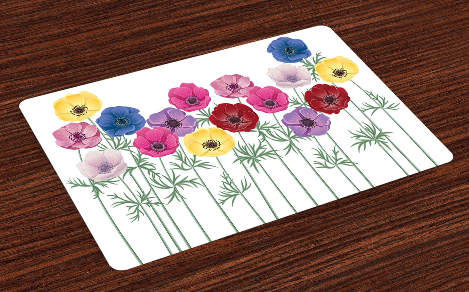 Anemone Flower Placemats Set of 4 Group of Graphic Colorful Flowers on Branches Blooming Field