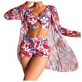 thumbnail image 4 of Jacenvly Summer Swimsuit Women Cover up 3 Piece Trendy Long Sleeve Floral with Cover up Surfing Swimwear Satiny Women'S Printed Bikini Straps Bikini Split Set Three Piece Set Red, 4 of 11