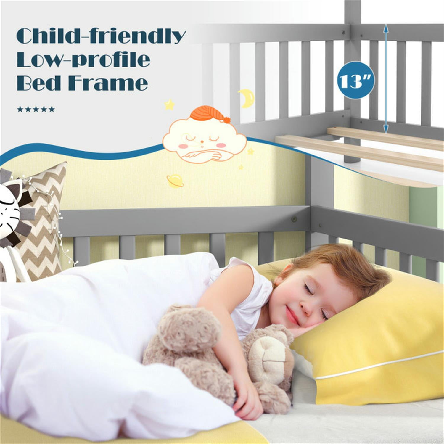 Demi Bonn Extendable House Bed Twin to King Daybed with Roof and Fence Rails, Modern Platform Bed Frames for Teens, Gray