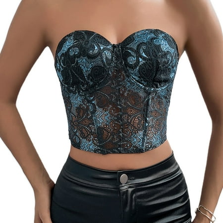 

Women Sexy Strapless Corset Crop Top Vintage Floral Lace Fish Boned Bustier Bra