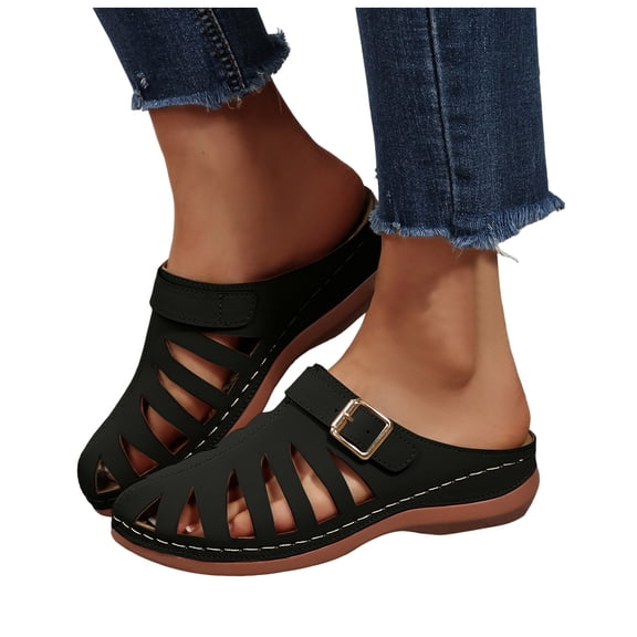 Rokment Womens Orthopedic Platform Wedges Gladiator Clogs Slipper Walking Sandals Comfortable Leather Closed Toe Hollow out Mid Heel Mules Dress Slip-on Slides Black Size 6.5