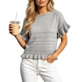 thumbnail image 2 of FDGIU 2026 Summer Women's Round Neck Crochet Lace Knit Top, Short Sleeve Ruffle Cuff Casual Sweater Blouse, 2 of 7