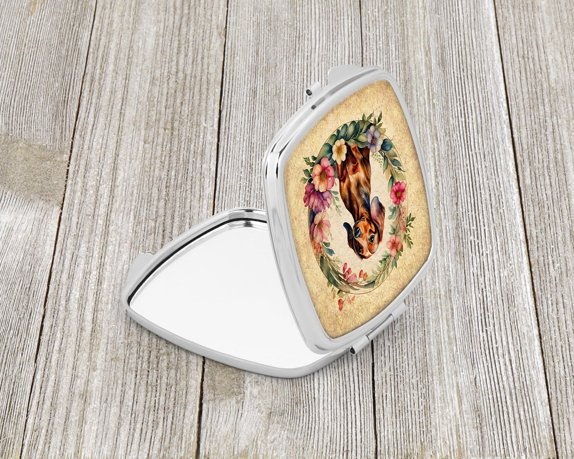 Dachshund and Flowers Compact Mirror 2.75 in x 3 in