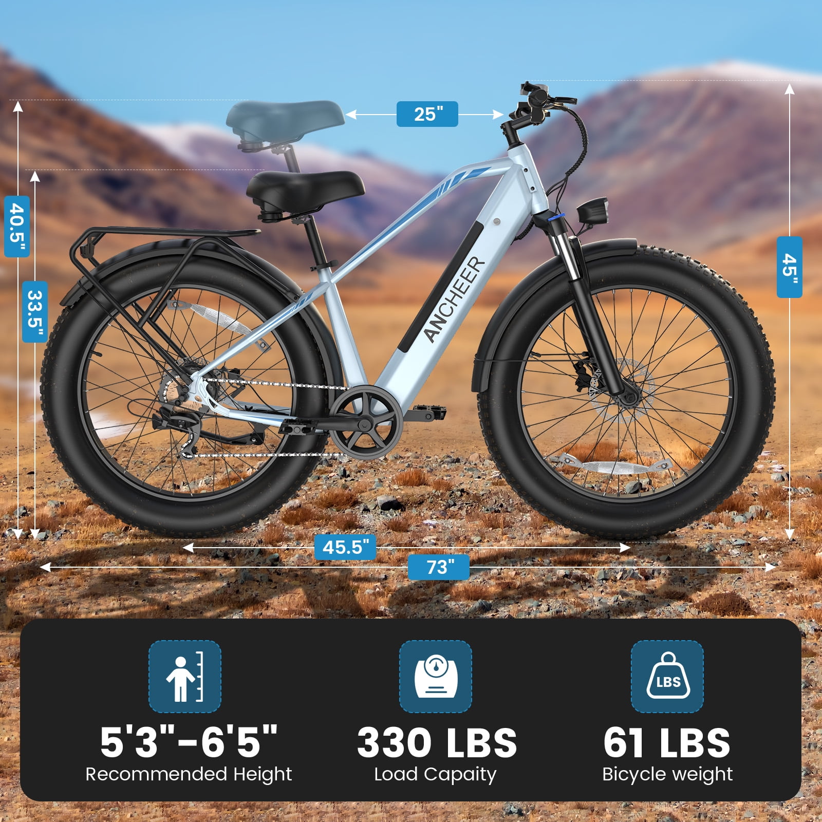 ANCHEER Electric Bike for Adults Peak 1000W Electric Bicycle 48V 15AH Battery Electric Bike 26" x 4.0" Fat Tire Mountain 28MPH 7 Speed Gears Electric Bike, Rear Rack,UL2849