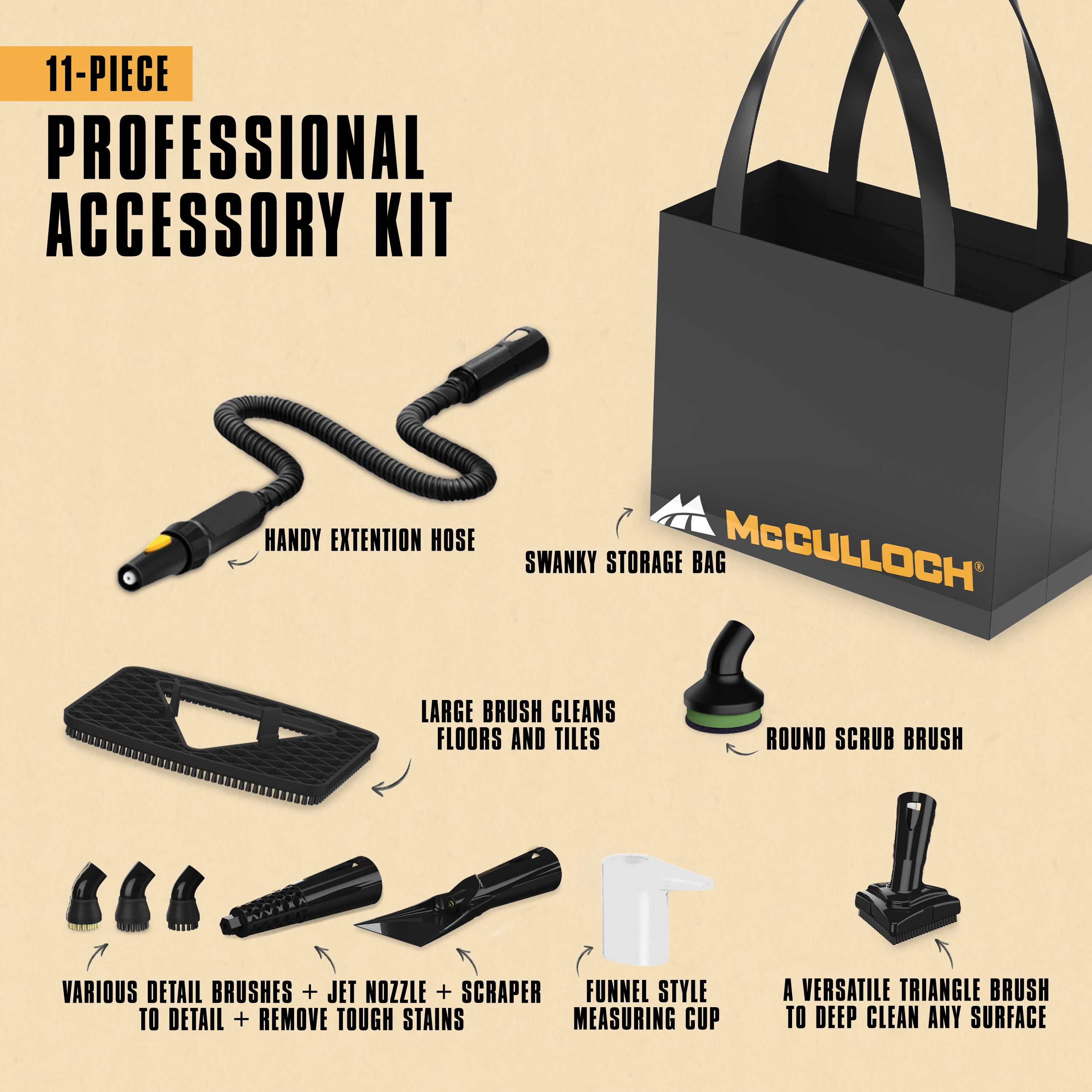 McCulloch MC1230 Handheld Steam Cleaner, 10 Minute Runtime, 11 Accessories: Jet Nozzle, Brushes, & More - Built for Home, Tile, Grout, Carpet, Furniture, Car Detailing, & Commercial Deep Cleaning