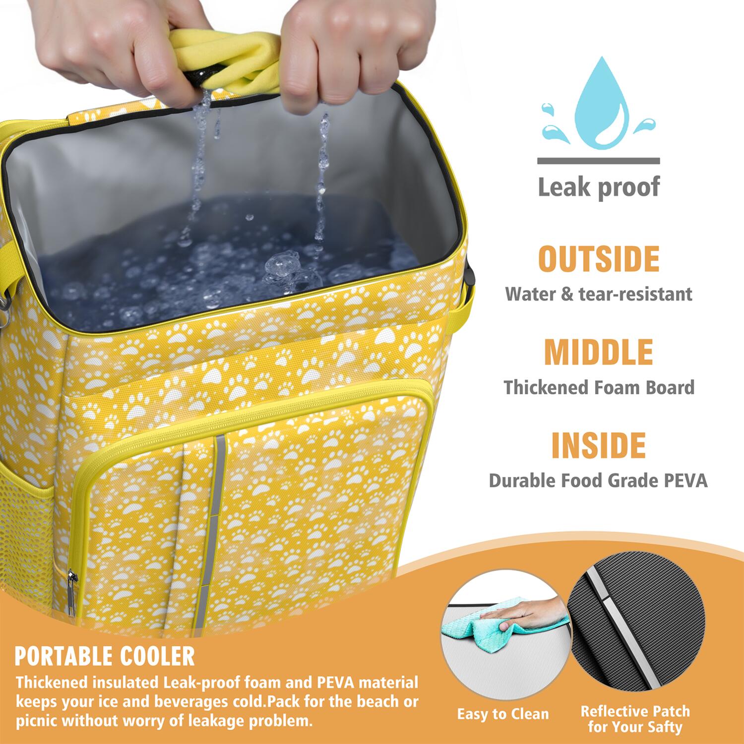 Travel Cooler Bag - Yellow Dog Paw Footprint Camping Beer Cooler Backpack with Bottle Opener- Waterproof Insulated Picnic Backpacks - Cooler Bag for Beach