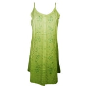 Mogul Womens Shift Dress Green Floral Embroidered Sleeveless Button Front Tank Boho Chic Summer Sundress