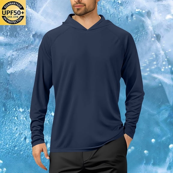 hlysgo Sun Protection Hooded Shirts for Men Breathable Long Sleeve Cooling Spf Shirts Rash Guard for Outdoor Hiking Summer UV Protection Clothing Navy,S