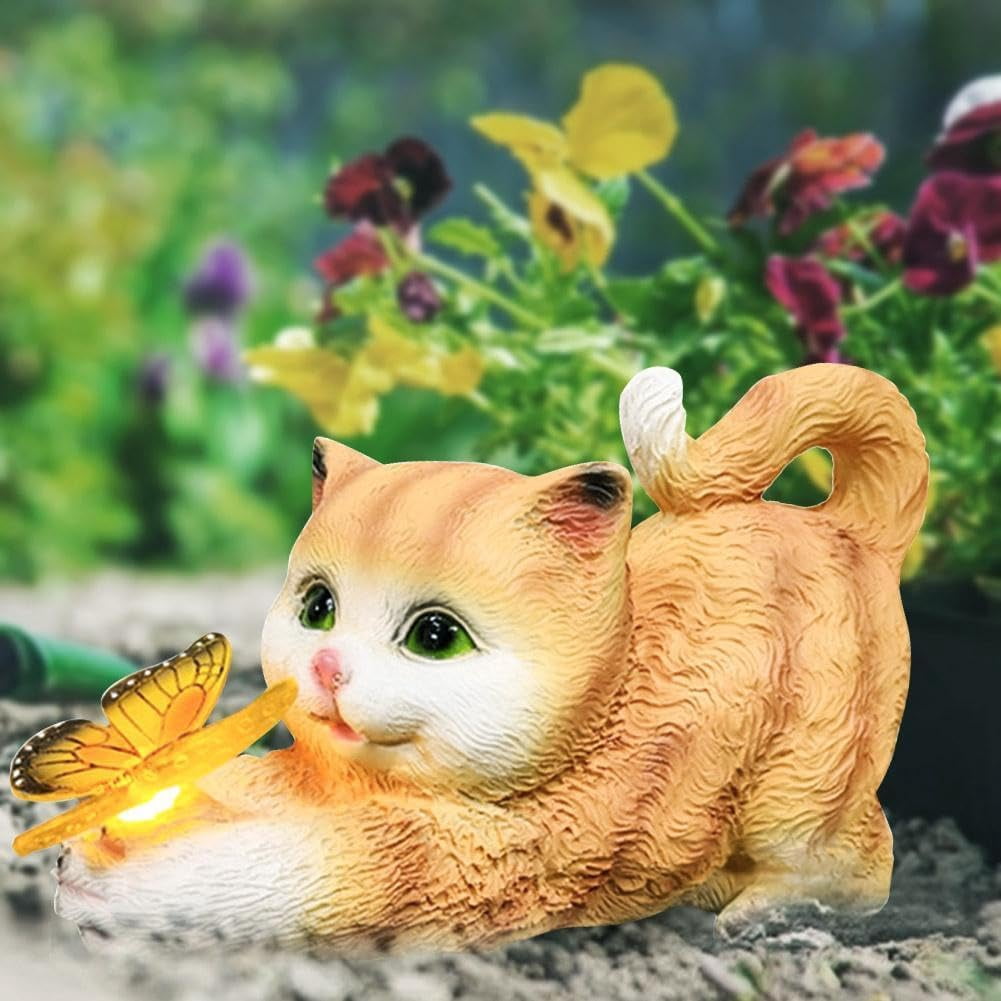 Solar Cat Garden Statue – Cute Cat with Butterfly Figurine, Outdoor Lawn Decoration, Housewarming Gift for Mom, Grandma