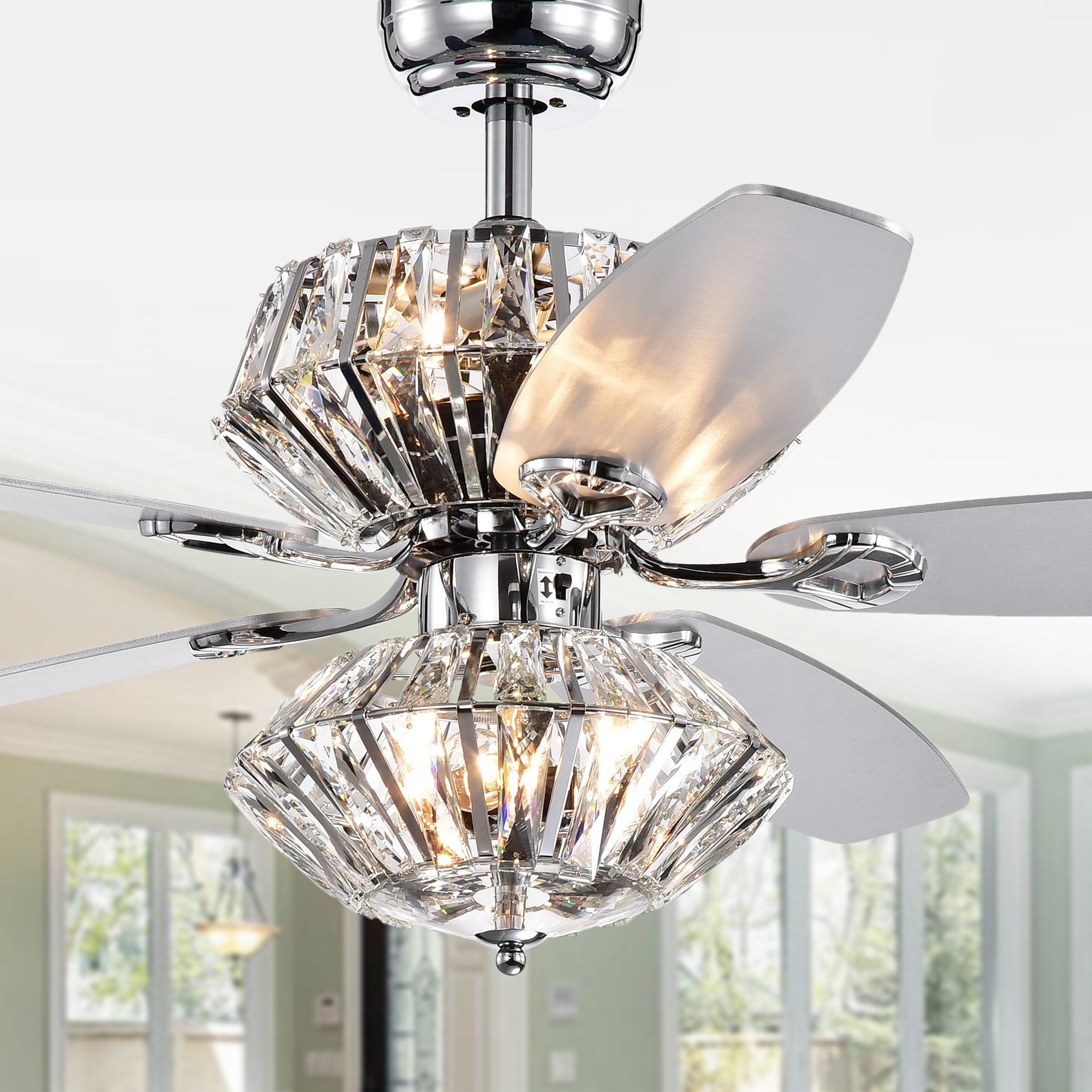 Makore Chrome Dual Lamp 52-inch Lighted Ceiling Fan w Crystal Shades