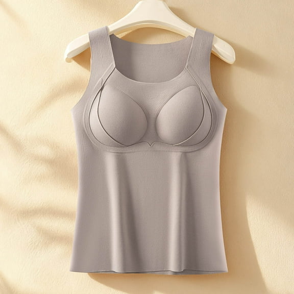 Seamless Women's Fall & Winter Tank Top - Warm Solid Color with Built-In Chest Pad, Velvet-Lined Inner Wear & All-in-One Underwear Gray L