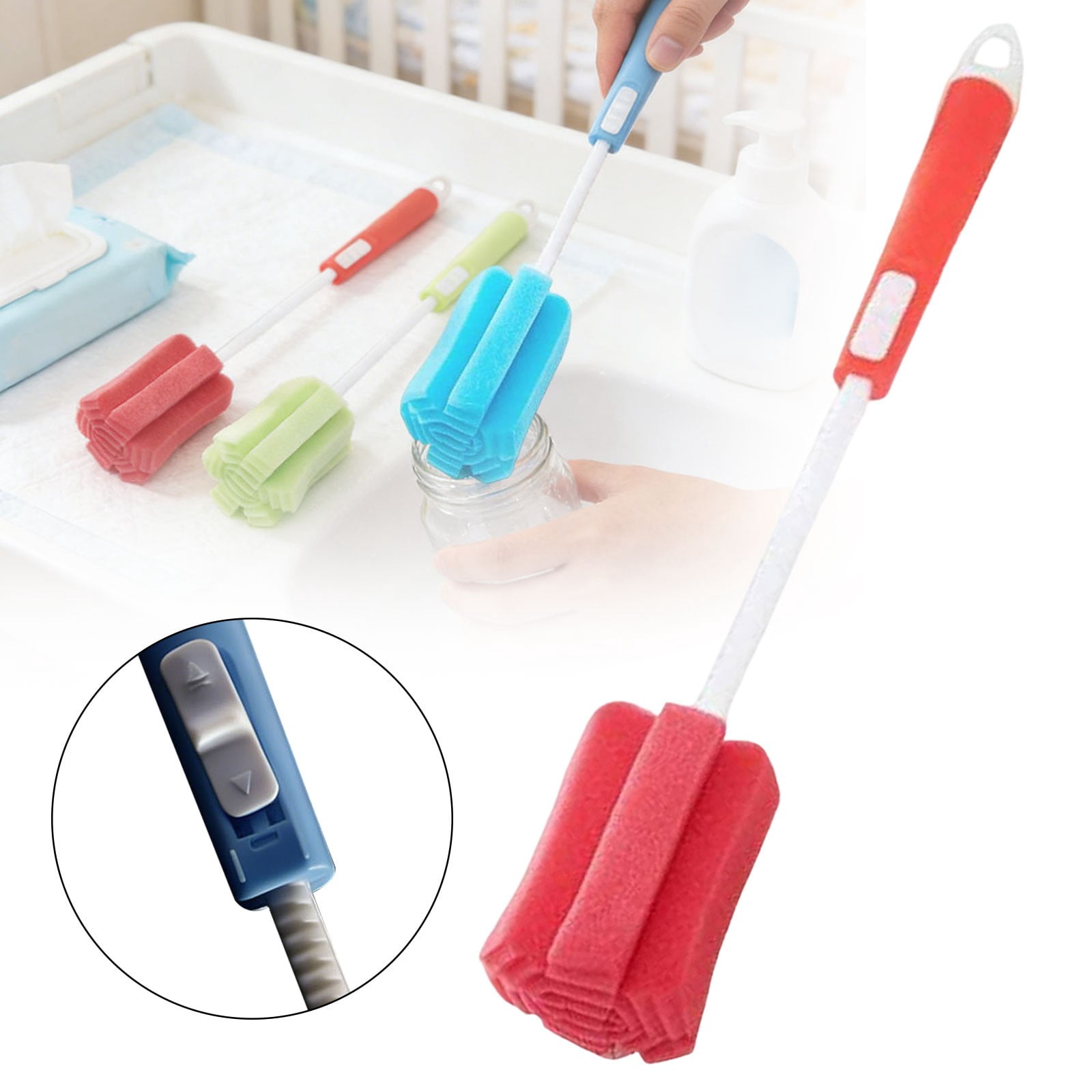 Sponge Cleaning Brush, Dishwashing Foam Sponge Brush with Adjustable Long Handle, Durable Bottle Scrubber Cleaning Brushes Soft for Bottle Glasses Mugs Cups Kitchen Cleaning, 6Pcs(Red,11.6x2")