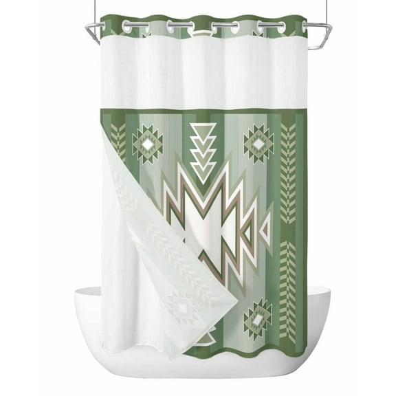 No Hook Cloth Fabric Shower Curtain with Snap in Liner, Sage Green Boho Waterproof Shower Curtains Set with See Through Top Window, American Native Southwest Abstract Art Bath Curtains Shower 36"x78"