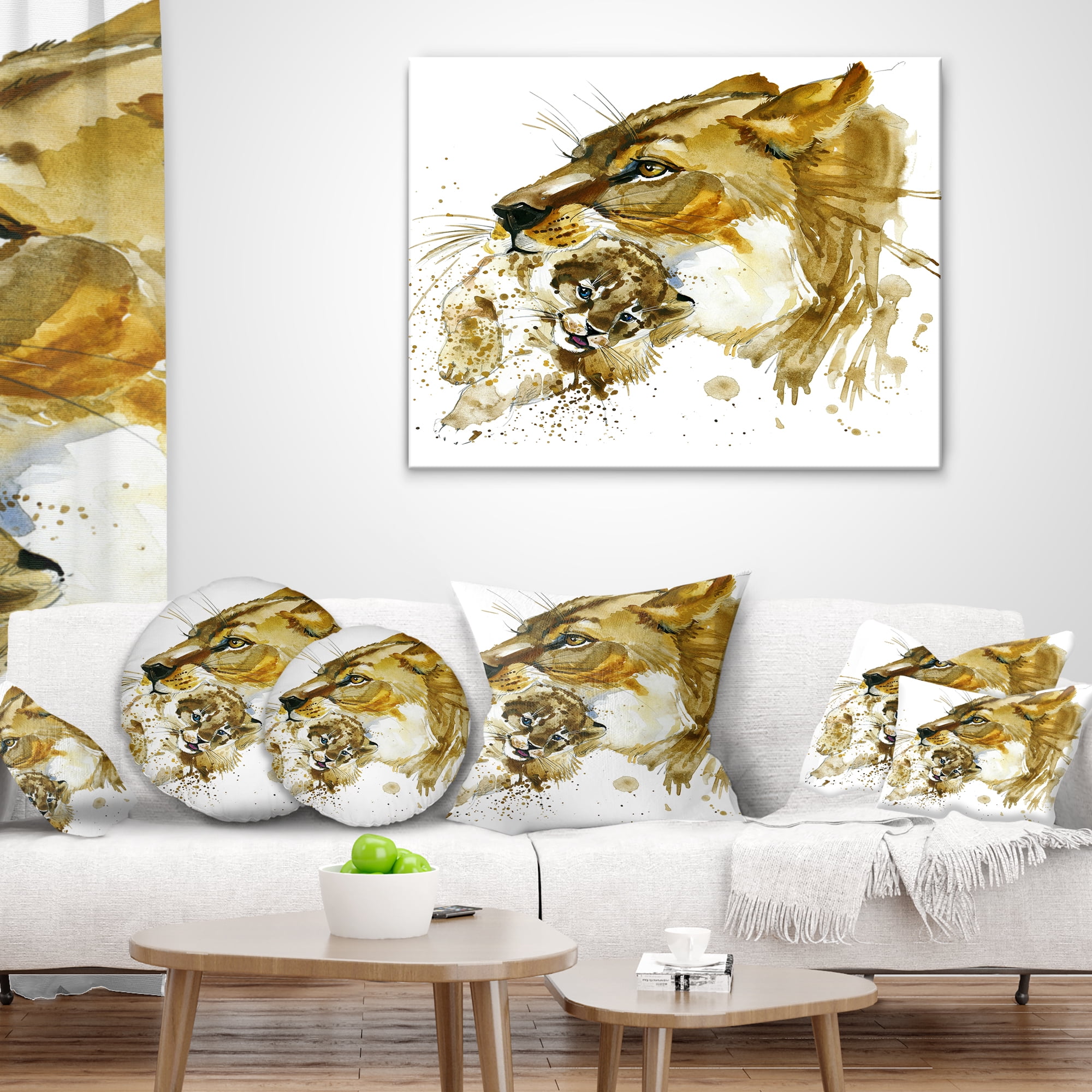 Designart Lioness and Cub Illustration - Animal Throw Pillow - 18x18