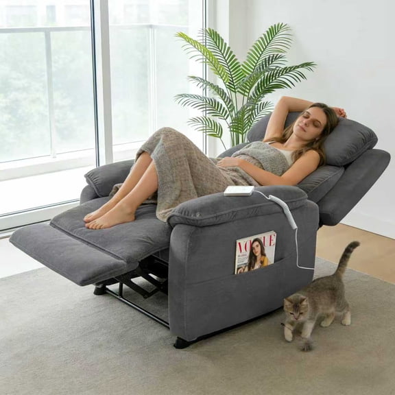 BSHTI 34.84" Power Recliner Chair with Remote, Chenille Upholstery, Solid Wood Frame, Side Storage Pockets, and Near-Flat Recline, Dark Grey