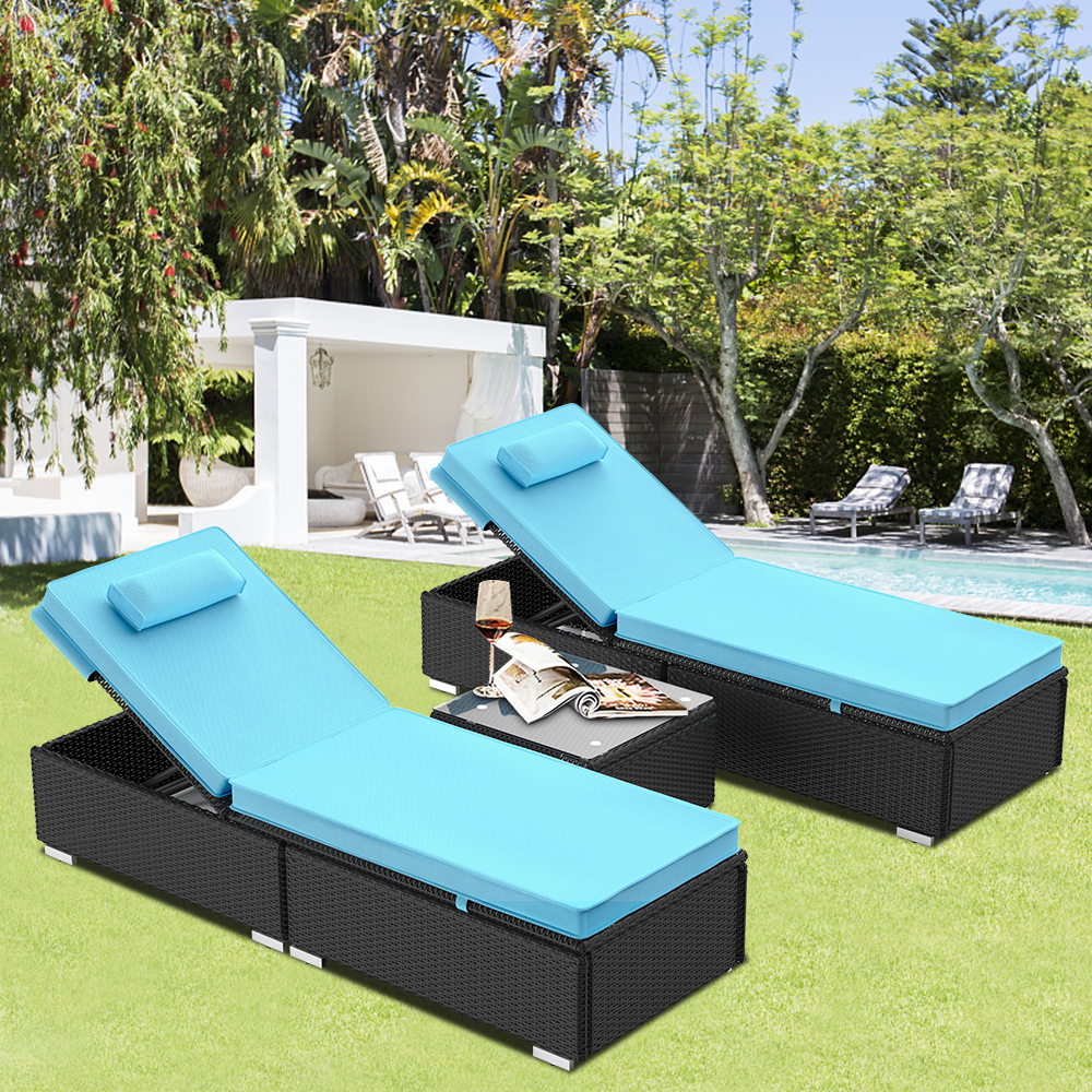 Lounge Chairs for Outside, BTMWAY 3 Piece Wicker Patio Lounge Chairs Set with Tempered Glass Table and Blue Cushion, Adjustable Backrest Outdoor Chaise Lounge Chairs for Backyard Beach Pool Patio - image 1 of 9