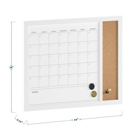 Martha Stewart - Everette Dry Erase Magnetic Monthly Calendar/Cork Board - 24x18 - White Woodgrain