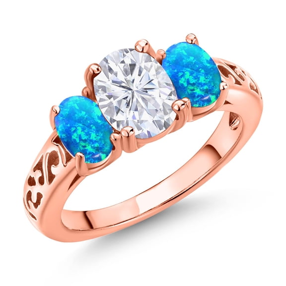 Gem Stone King 18K Rose Gold Plated Silver White Moissanite and Blue Opal Filigree Style 3 Stone Ring for Women (2.50 Cttw, Oval 8X6MM and 6X4MM) (Size 8)