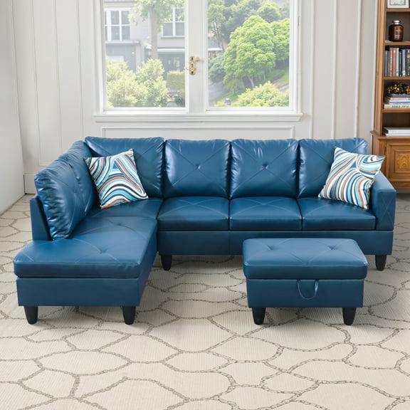 MAYEERTY Faux Leather 3-Piece Couch Living Room Sofa Set,Deep Blue