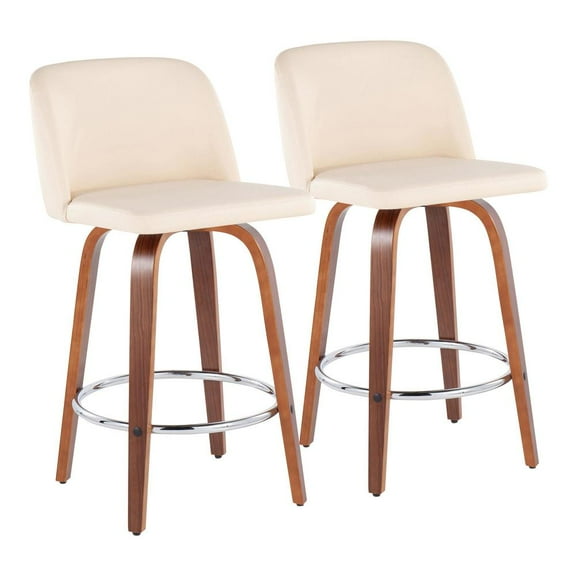 LumiSource Walnut Wood, Cream PU, Chrome Toriano Fixed-Height Counter Stool - Set of 2