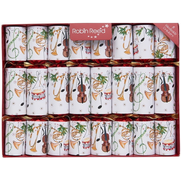 Robin Reed Concerto Musical Christmas Crackers, Handmade 10-Inch Holiday Party Favors with Whistles, Sheet Music & Baton, Set of 8, 52118