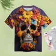 thumbnail image 4 of Colorful Flower Skull Womens Tops Women's Fashion Casual Short Sleeve Flower Print Round Neck Pullover Top Blouse, 4 of 6
