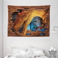 thumbnail image 1 of Dinosaur Tapestry, Tyrannosaurus Breaks a Brick Wall Frightening Scary Scenery Jungle Invaded House, Wall Hanging for Bedroom Living Room Dorm Decor, 80W X 60L Inches, Orange Blue, by Ambesonne, 1 of 2