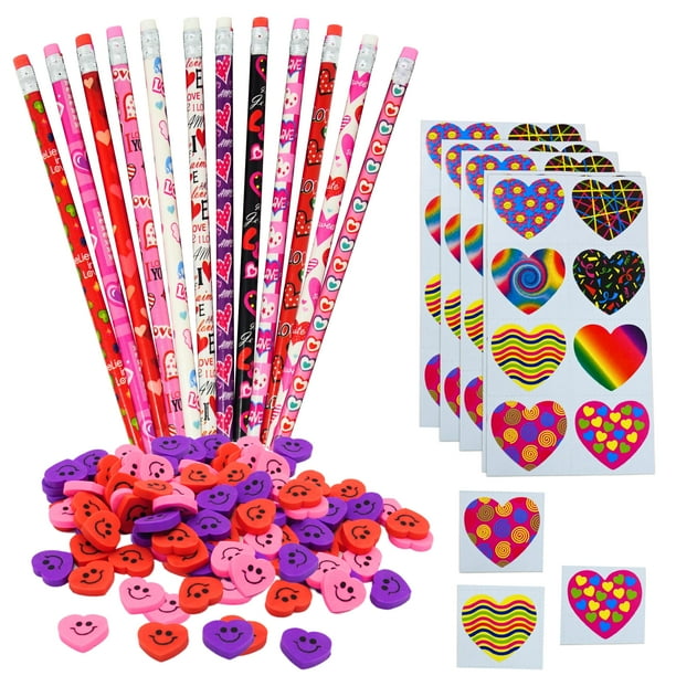 Set de papelería 4E Novelty para el Día de San Valentín para niños con 36 lápices, 36 gomas de borrar en forma de corazón y 104 pegatinas