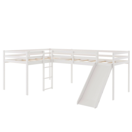 L-Shaped Twin Size Loft Bed with Ladder and Slide  White