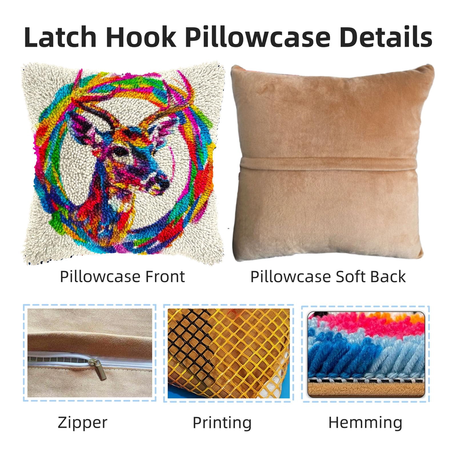 Colorful Reindeer Elk in Cirle DIY Latch Hook Pillow Kits for Adults Printed Pillowcase Crochet Yarns Hooking Handmade Pillow Cover Cushion for Home Sofa Decoration 17x17inch