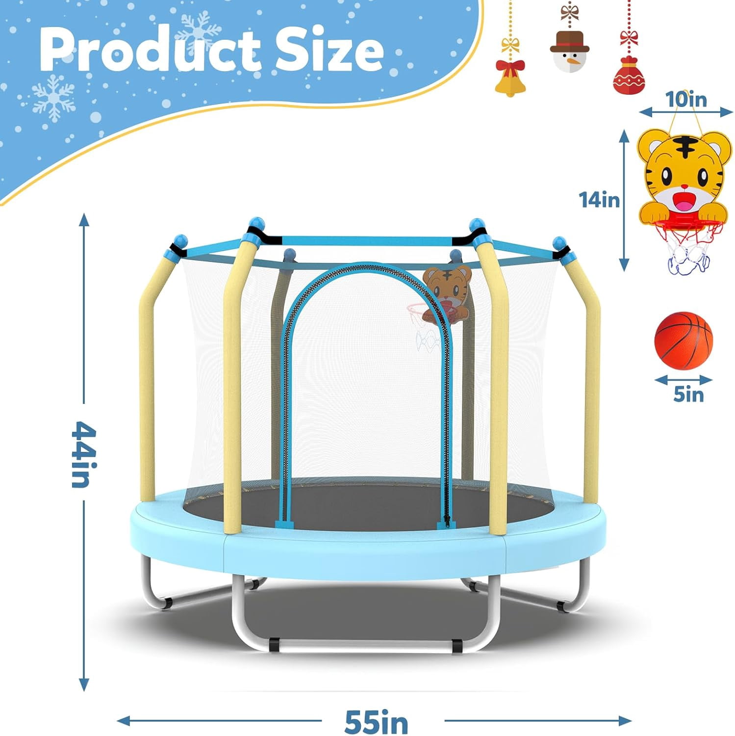 55" Trampoline for Kids, Mini Toddler Trampolines Indoor with Basketball Hoop & Safety Enclosure Net, No-Gap Safe Design for Boys Girls Ages 1-8