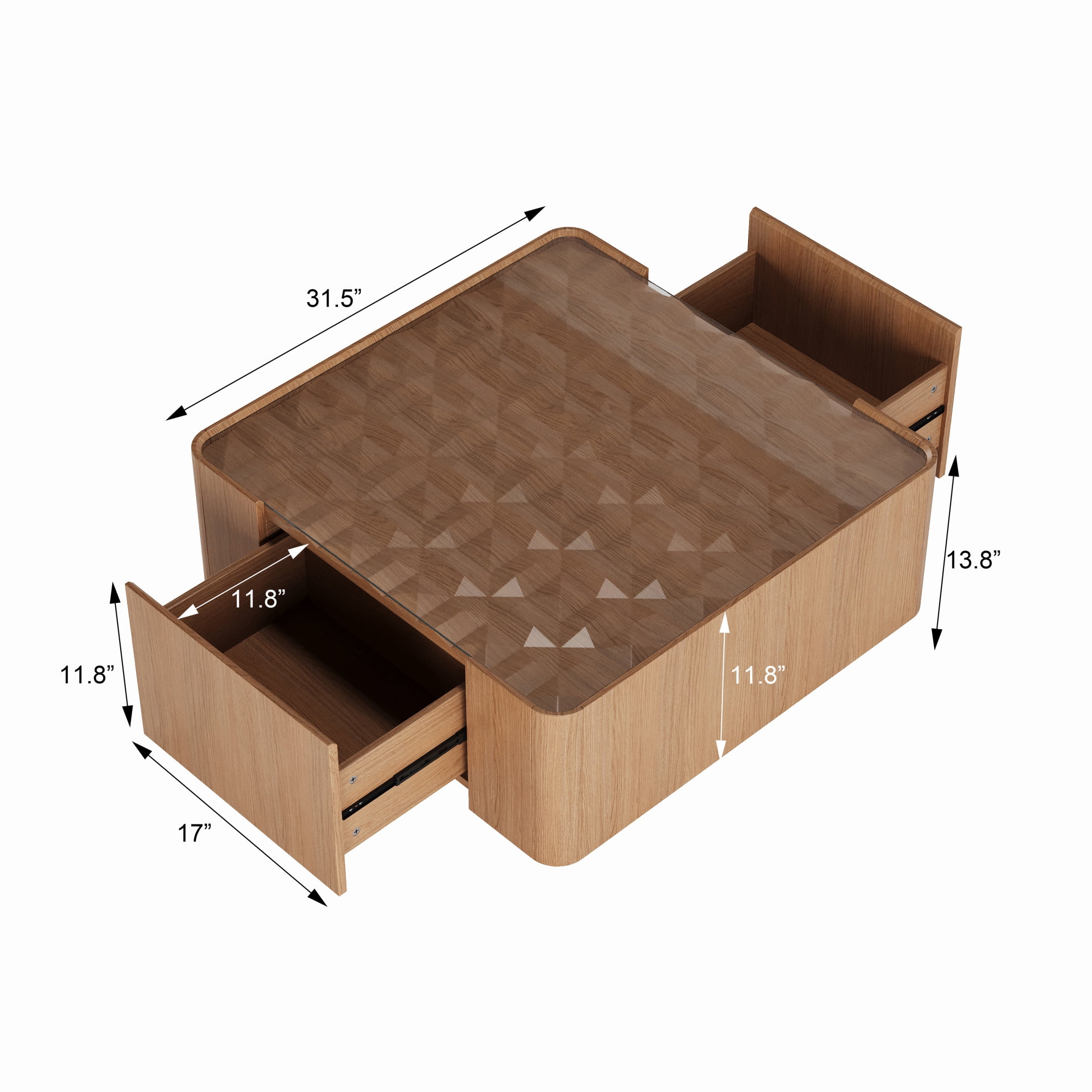 Noble House Millo 31.5" Square Wooden Coffee Table with Tempered Glass Top & Storage Drawers for Living Room, Walnut