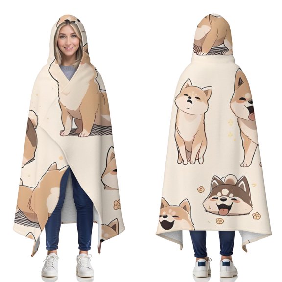 Wearable Blanket,Shiba Inu Hooded Wearable Sherpa Blanket for Adults & Teens,Winter Poncho Shawl Wrap Cape Thick Warm,50"x60"