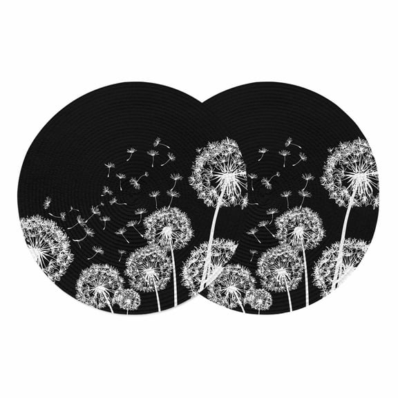 White Dandelion Round 15 Inch Placemats Set of 2, Spring Flowers Botanical Vintage Black HeatResistant Non Slip Place Mats for Dining Table, Wipeable Braided Kitchen Table Mats for Housewarming