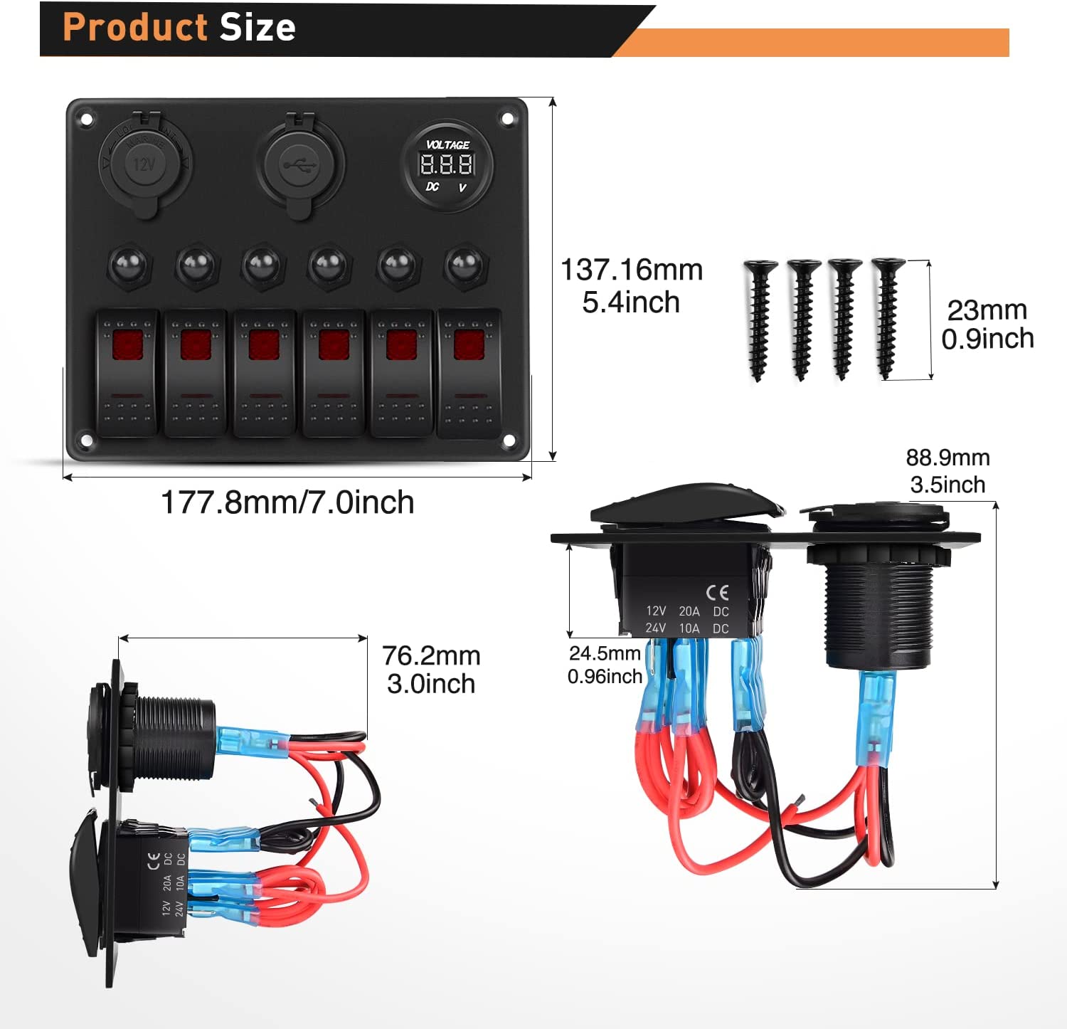 Waywe 6 Gang Rocker Switch Panel ON/Off Red Backlit with LED Voltmeter, Dual USB 3.1A Charger, 12V Power Socket, Overload Protection, 12V/24V for Car, RV, Boat, Truck