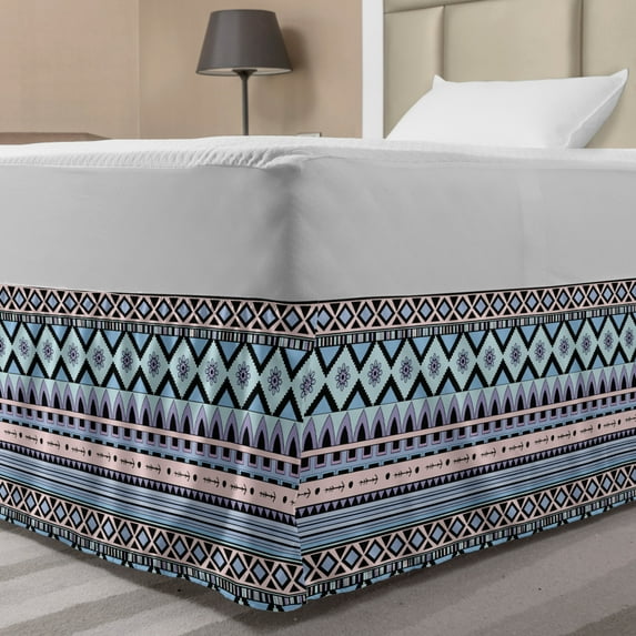 Boho Bed Skirt, Creative Pastel Toned Repetitive Pattern with Flowers and Geometric Line Motifs Print, Elastic Bedskirt Dust Ruffle Wrap Around for Bedding Decor, 4 Sizes, Multicolor, by Ambesonne
