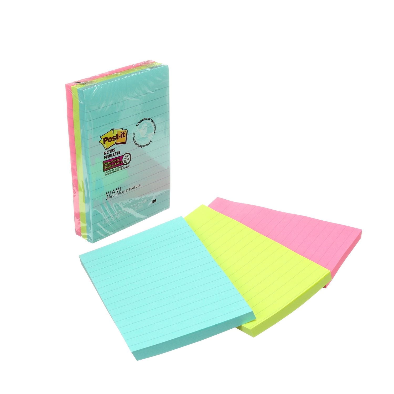 Feuillets super collants Post-it®, collection Miami, ligné, 10 cm x 15 cm (4 po x 6 po), 90 feuillets/bloc, 3 blocs/emballage Feuillets SC Post-it®, Miami