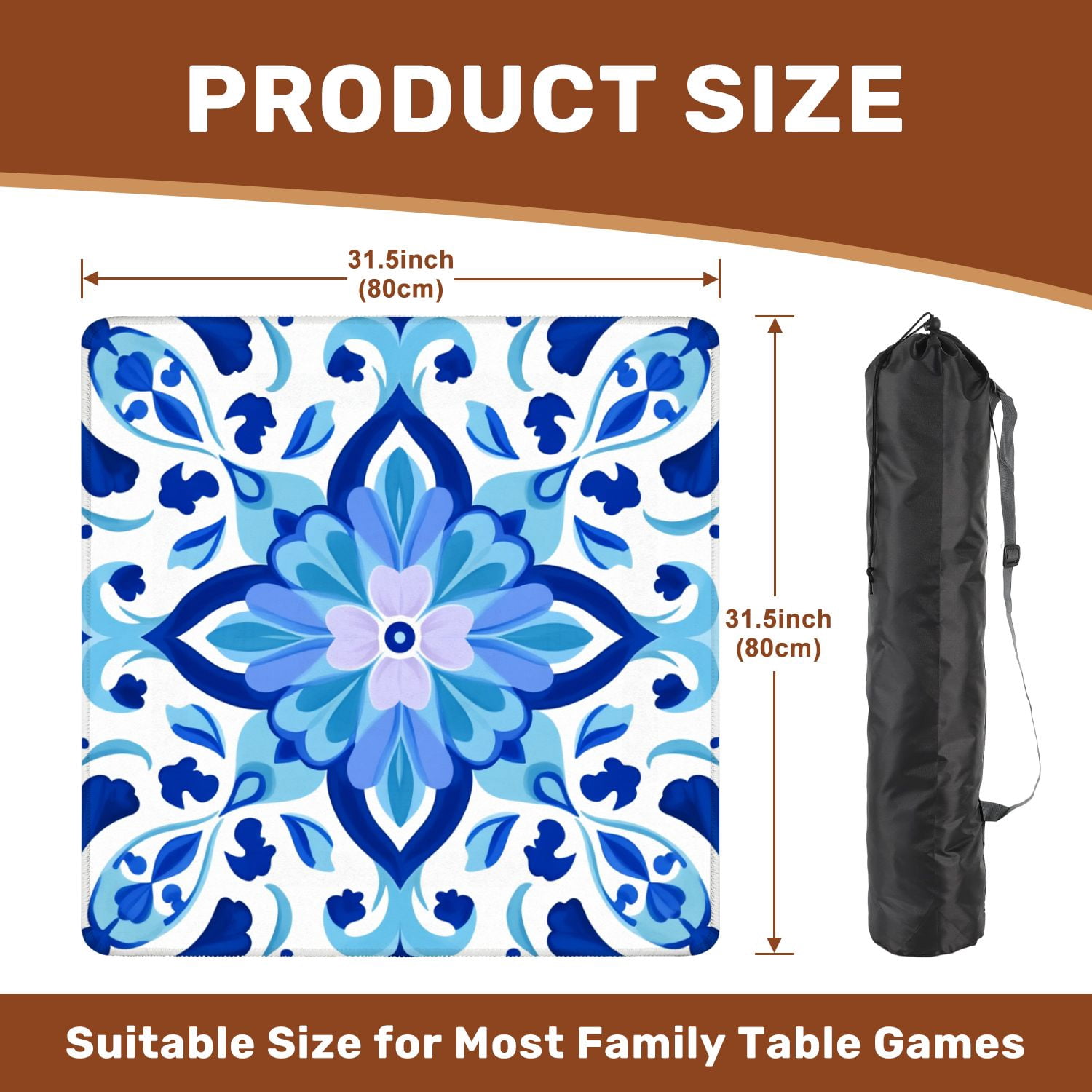 Mahjong Mat 31.5" x 31.5" Blue Floral Tile Symmetrical Design Decorative Motifs Non-Slip Noise Reduction American Mahjong Tiles Table Cover for Dominoes Poker Card Board Games Gift