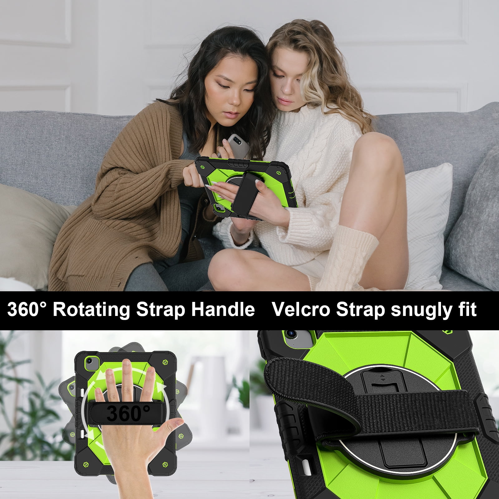 Dteck Case for iPad Air 13 inch 2025/2024 (M3/M2) with Pencil Holder, Shockproof Silicone + PC 3 Layer Protection Case Heavy Duty 360° Rotating Hand Strap Kickstand Cover,Black+Green