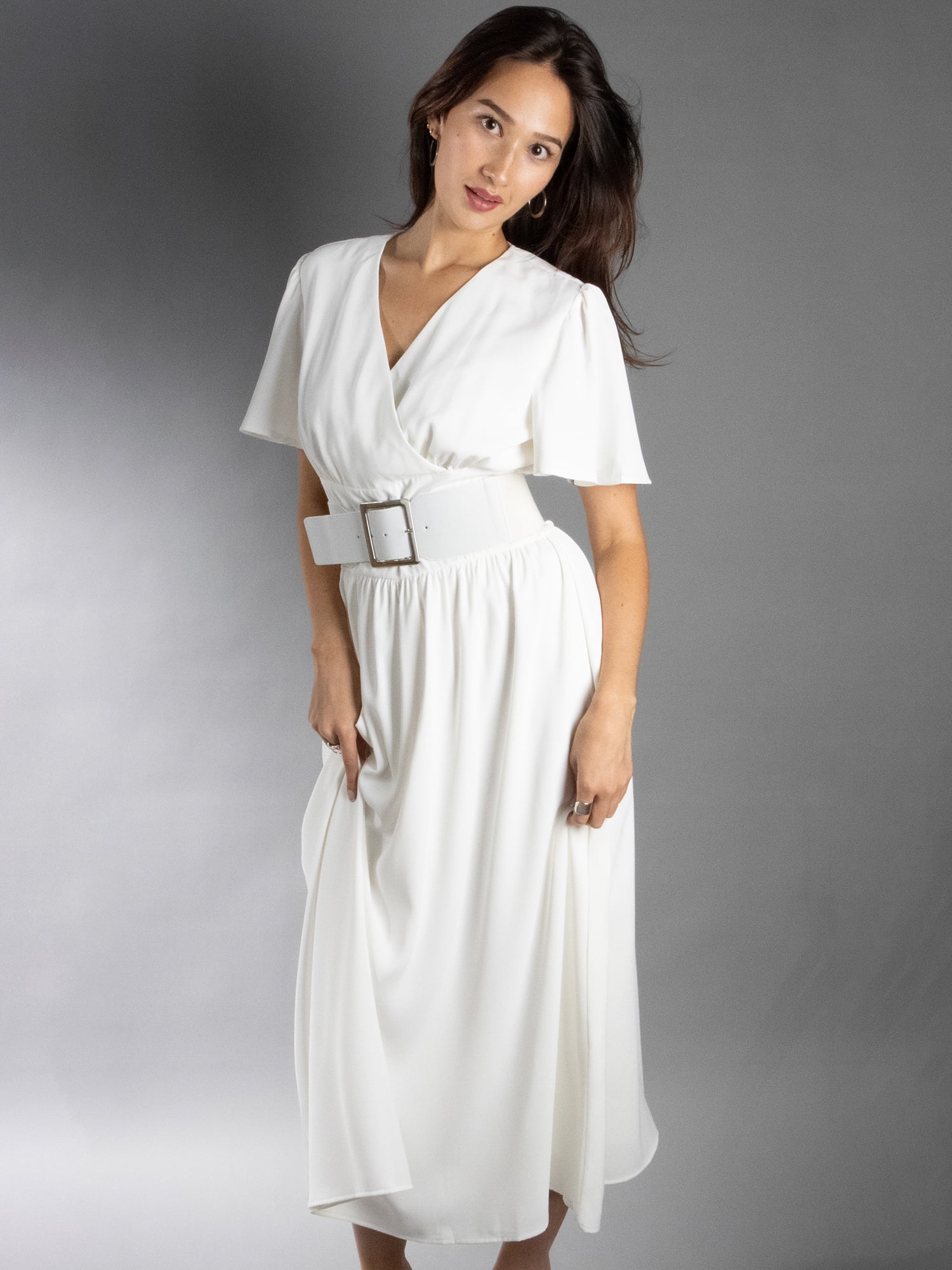 DARING DIVA Women's Elegant Flutter Sleeve Midi Dress S White