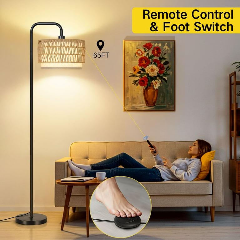 Outon 68" Arc Floor Lamp with Rattan Shade, Black photo 5